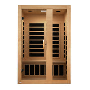 A front view of the Golden Designs Dynamic Serena 2 Person Ultra Low EMF FAR Infrared Sauna shows its modern Canadian Hemlock build, glass door, interior bench seating, and black heating panels for a safe and relaxing sauna experience.