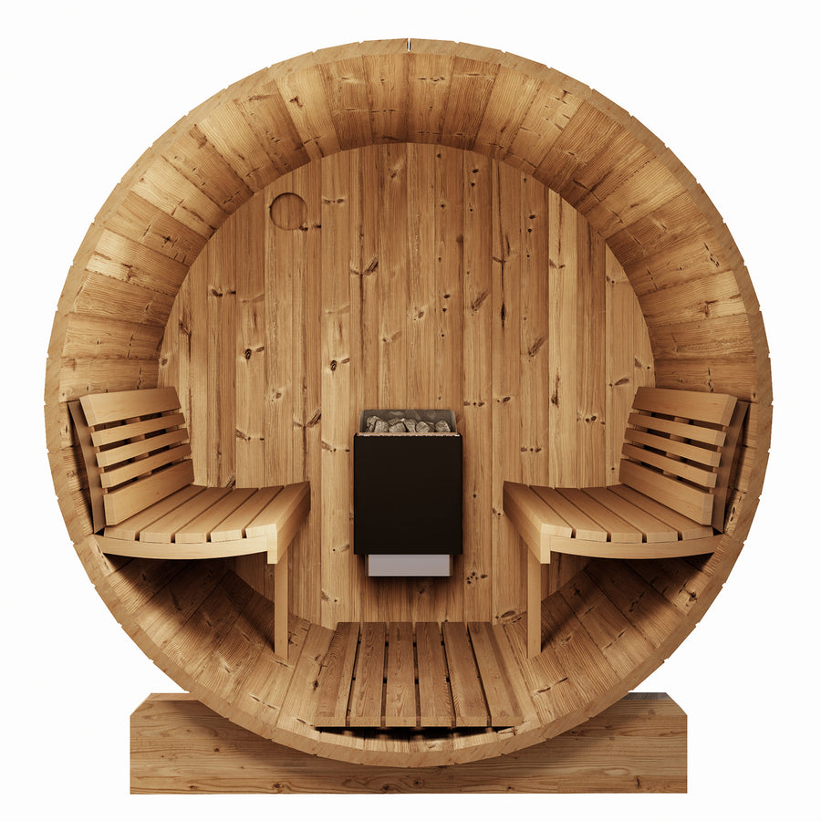 Front view of the SaunaLife ERGO Series Model E8 6 Person Barrel Sauna, featuring smooth light wood, two side benches, and a central heater with rocks. This ergonomic sauna by SaunaLife is displayed against a plain white background.