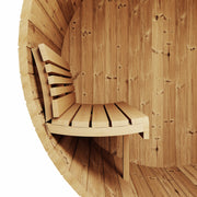 The SaunaLife ERGO Series Model E8 6 Person Barrel Sauna features a wooden bench with a slatted seat and angled backrest built into its curved wall, with a warm, natural wood finish that enhances the inviting atmosphere.