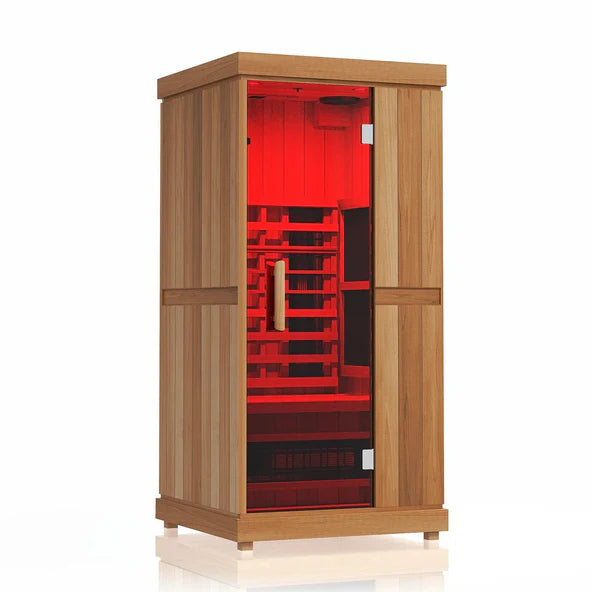The Finnmark FD-1 Full-Spectrum Infrared Sauna by Finnmark is a 1-person wooden sauna with a glass door, red interior lighting, a bench, and wooden panels, displayed against a plain white background.