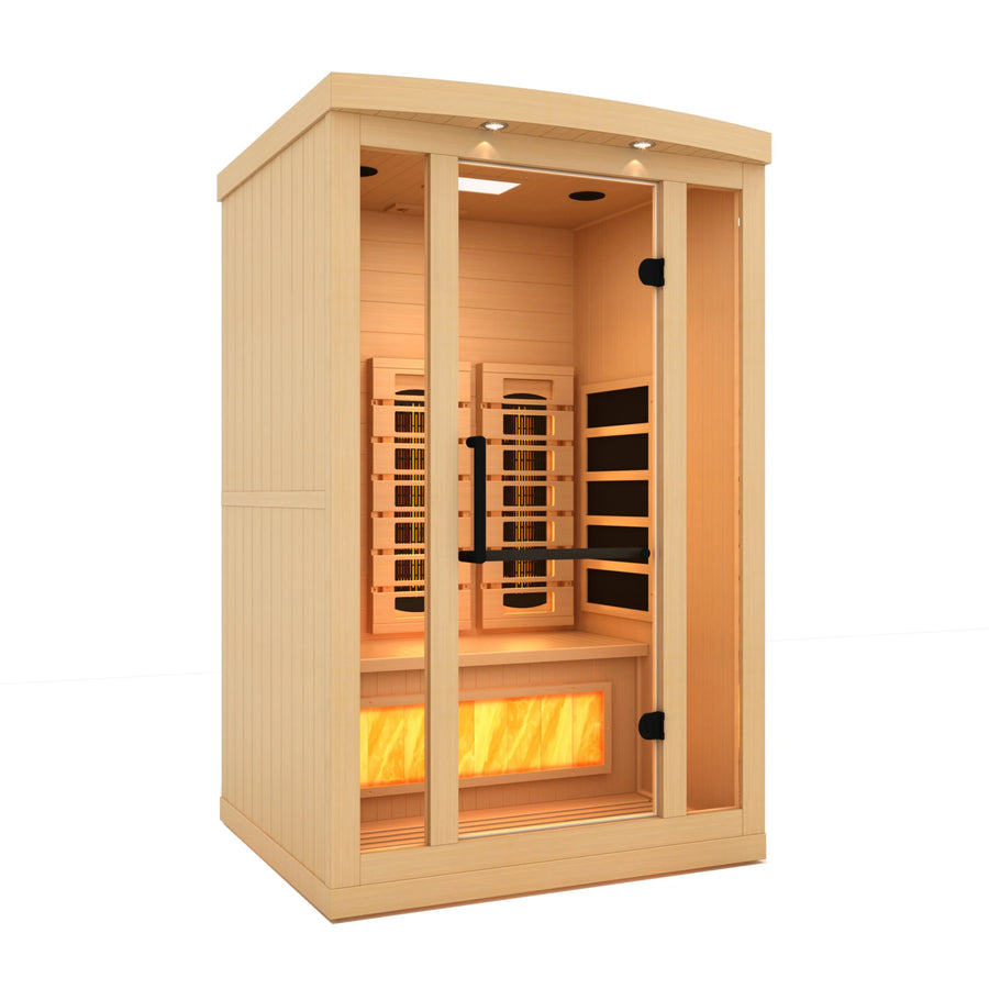 Golden Designs 2025 Reserve Edition GDI-8020-03 Full Spectrum Sauna with glass doors and Himalayan Salt Bar, made of Canadian Hemlock Fir.