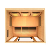 Golden Designs 2025 Reserve Edition GDI-8020-03 Full Spectrum Sauna with Himalayan Salt Bar showing interior wooden bench and lighting fixtures.