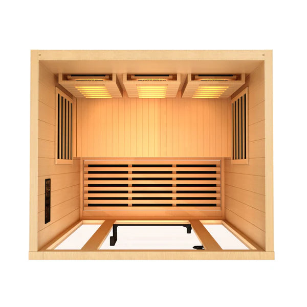 Golden Designs 2025 Reserve Edition GDI-8020-03 Full Spectrum Sauna with Himalayan Salt Bar showing interior wooden bench and lighting fixtures.