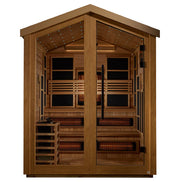 The Golden Designs Kaskinen 6 Person Outdoor-Indoor PureTech Hybrid Full Spectrum Sauna features glass doors, interior lighting, seating benches, and heating panels on walls and floor—ideal for versatile relaxation.