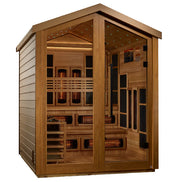 The Golden Designs Kaskinen 6 Person Outdoor-Indoor PureTech Hybrid Full Spectrum Sauna features glass doors and panels, interior seating, multiple infrared heating panels, and soft LED ceiling lighting for a relaxing sauna experience.