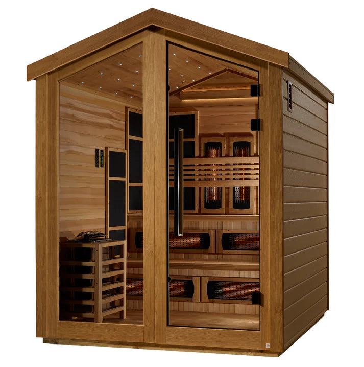 The Golden Designs Kaskinen 6 Person Outdoor-Indoor PureTech Hybrid Full Spectrum Sauna features Canadian Red Cedar, glass door, wooden benches, and warm lighting—offering relaxation and heat therapy indoors or outdoors.