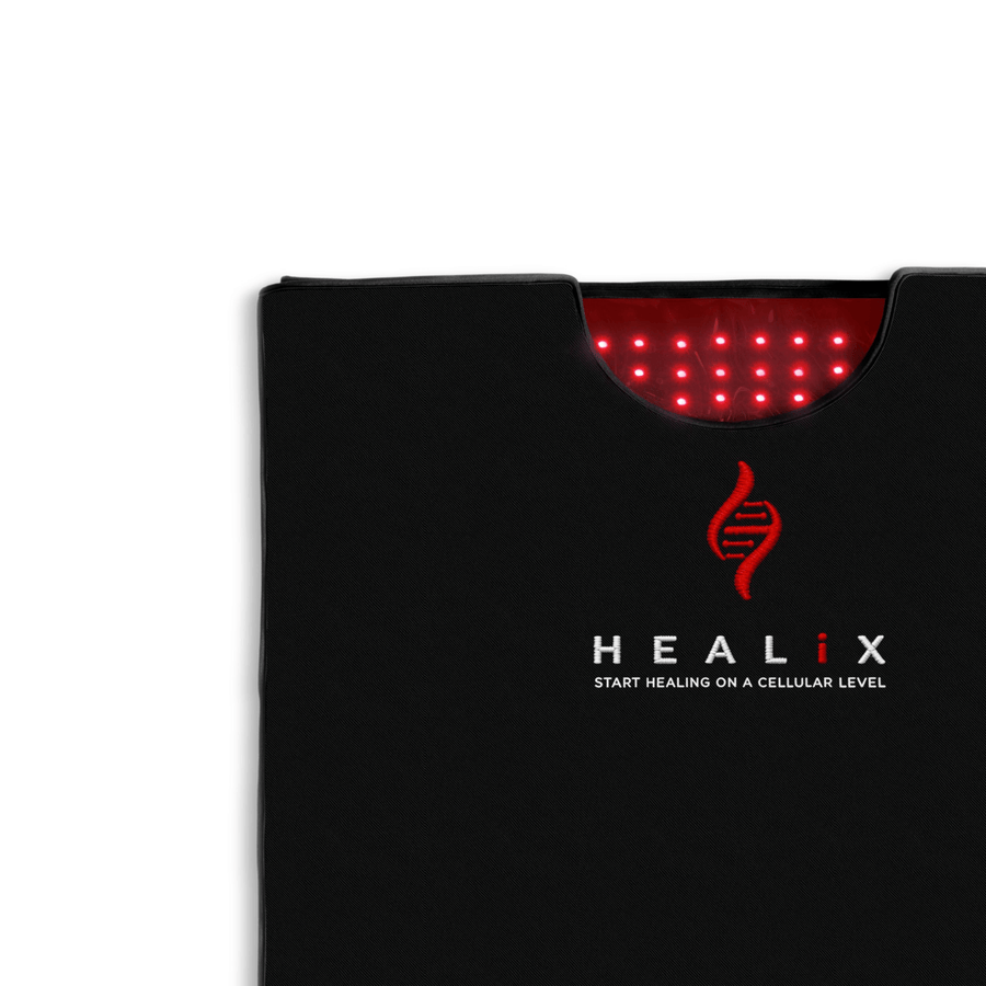 The HEALiX Infrared HEALiX Glow Pod is a black rectangular wellness device with red LED lights, a DNA logo, and "START HEALING ON A CELLULAR LEVEL" on the front, designed for effective red light therapy and near infrared benefits.