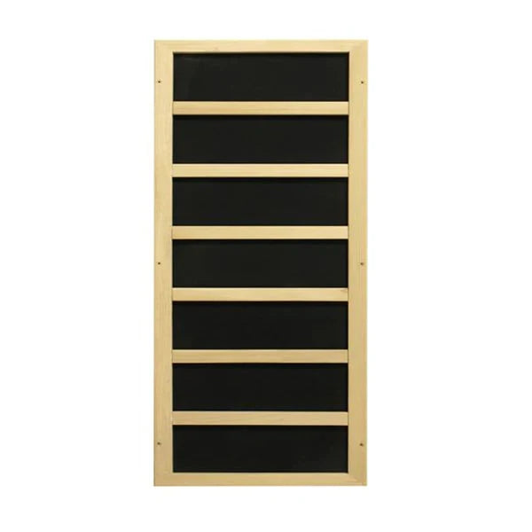A wooden frame with seven evenly spaced horizontal slats and a black background, resembling the minimalist interior of the Golden Designs Dynamic Venice Elite 2 Person Ultra Low EMF FAR Infrared sauna.