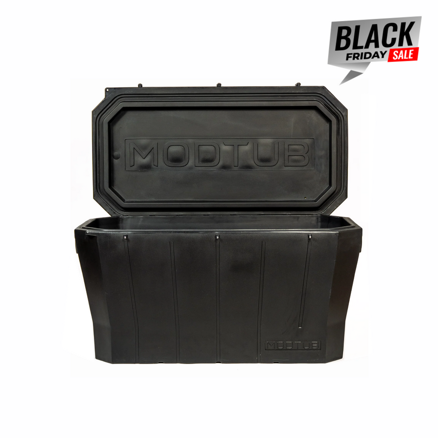 A large black Modtub 2.0 Cold Plunge - Tub Only by Modtub, shown with the lid open and a Black Friday Sale banner in the top right—ideal for anyone seeking an effective cold therapy tub.