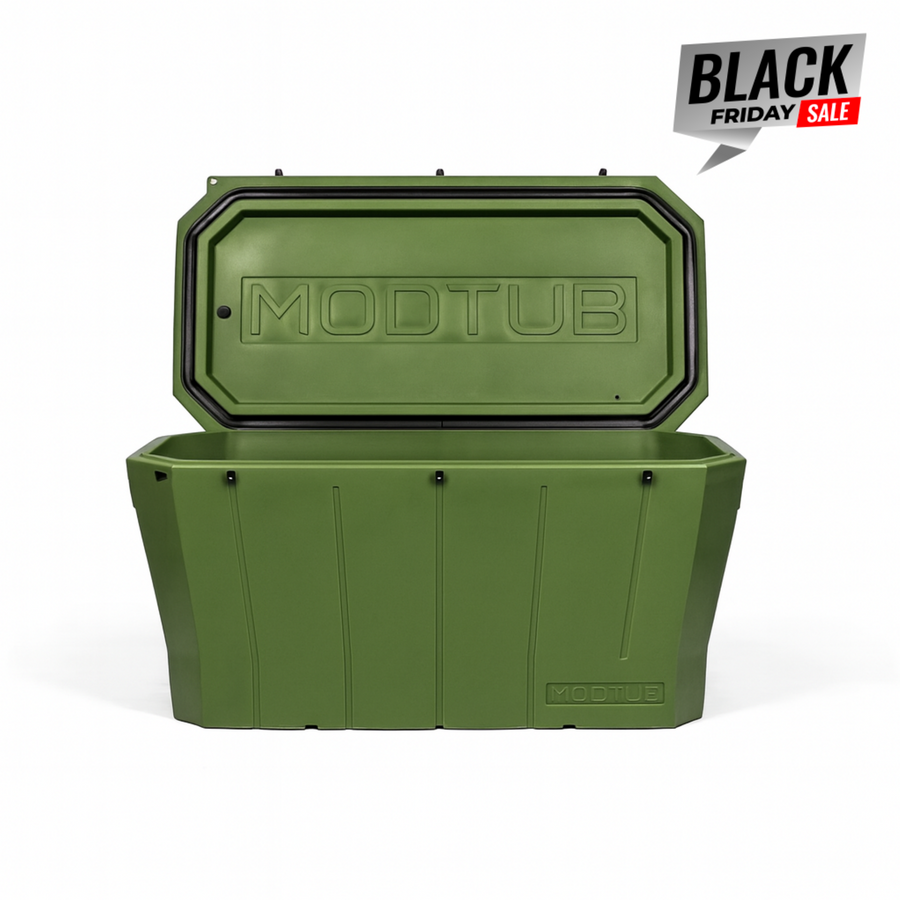 A green Modtub 2.0 Cold Plunge Tub Only by Modtub, shown open with the “MODTUB” logo visible. A "Black Friday Sale" tag appears—ideal for cold therapy sessions.