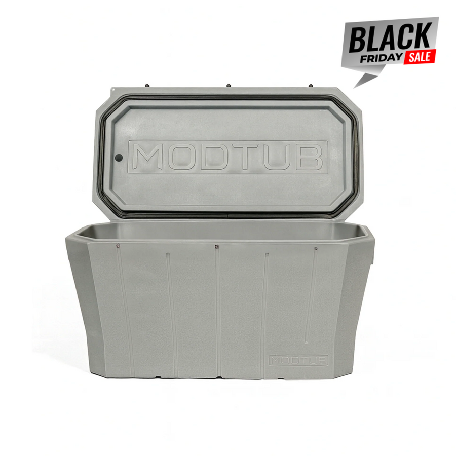 A large gray Modtub 2.0 Cold Plunge - Tub Only from Modtub is shown with its lid open, featuring a Black Friday Sale sign in the top right corner.