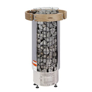 The Harvia Cilindro PC90E 240V Sauna Heater by Harvia features external controls, a 9kW cylindrical design with gray stones, metal mesh exterior, wooden top trim, silver base with visible labels, and adjustable feet.
