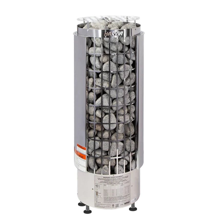 The Harvia Cilindro PC90E 240V Sauna Heater is a 9kW stainless steel, upright model with external controls and gray stones. The Harvia brand name is displayed on the top front.