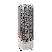 The Harvia Cilindro PC90E 240V Sauna Heater is a 9kW stainless steel, upright model with external controls and gray stones. The Harvia brand name is displayed on the top front.