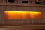 Golden Designs Reserve Edition GDI-8020-02 Full Spectrum Sauna with Himalayan Salt Bar, featuring wooden construction and interior lighting, displayed in a cozy indoor setting.