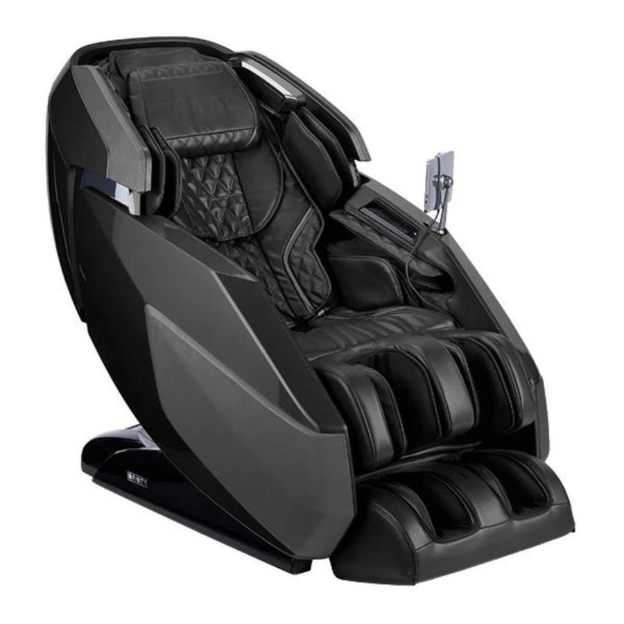 The Infinity Imperial Syner-D Massage Chair by Infinity features a sleek black ergonomic design with padded sections, reclining backrest, armrests, leg supports, and an attached control panel for ultimate comfort and deep muscle relief.