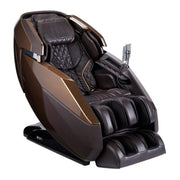 The Infinity Imperial Syner-D Massage Chair by Infinity features a modern brown and black design, padded armrests, reclining function, leg and foot sections, and a right-side control panel for deep muscle relief and ultimate relaxation.