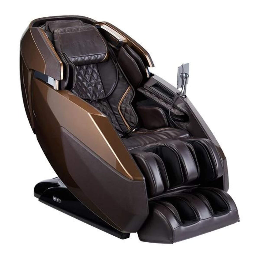 The Infinity Imperial Syner-D Massage Chair by Infinity features a modern brown and black design, padded armrests, reclining function, leg and foot sections, and a right-side control panel for deep muscle relief and ultimate relaxation.