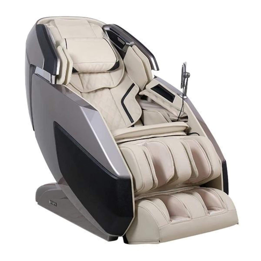 The Infinity Imperial Syner-D Massage Chair by Infinity features a sleek beige and black design with padded head, back, arm, and leg sections, deep muscle relief, and an attached control panel on the right armrest.
