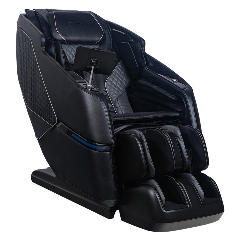 The Kyota Kizuna M688 Massage Chair by Kyota features a modern black design, diamond-patterned upholstery, padded armrests, dual mech massage, and built-in foot and leg massage sections for a luxurious experience.