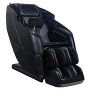 The Kyota Kizuna M688 Massage Chair by Kyota features a modern black design, diamond-patterned upholstery, padded armrests, dual mech massage, and built-in foot and leg massage sections for a luxurious experience.