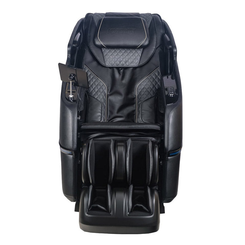The Kyota Kizuna M688 Massage Chair by Kyota features a sleek black design, diamond-stitched cushions, armrests, footrests, an attached control panel, and AI technology for full-body relaxation and advanced massage therapy.