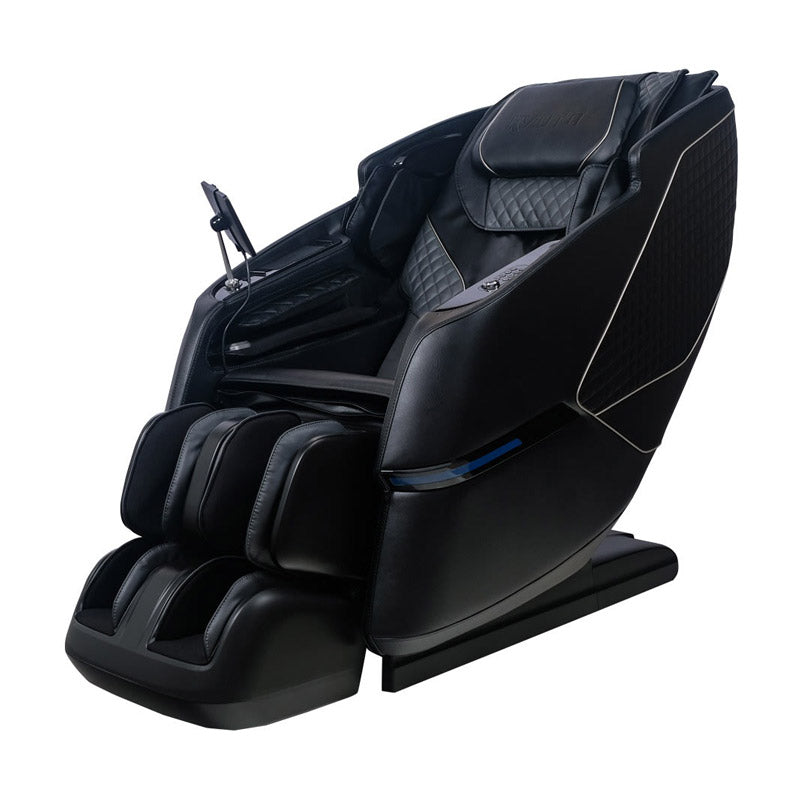 The Kyota Kizuna M688 Massage Chair by Kyota features a modern black design with padded armrests, leg rests, quilted detailing, and a left-side control panel.