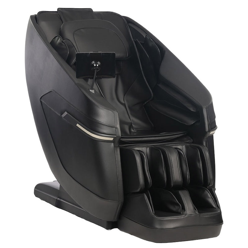 The Kyota Zenyu M338 Massage Chair by Kyota features a modern black design, padded arm, leg, and foot sections, a tablet holder on the armrest, plus zero gravity recline for ultimate comfort.
