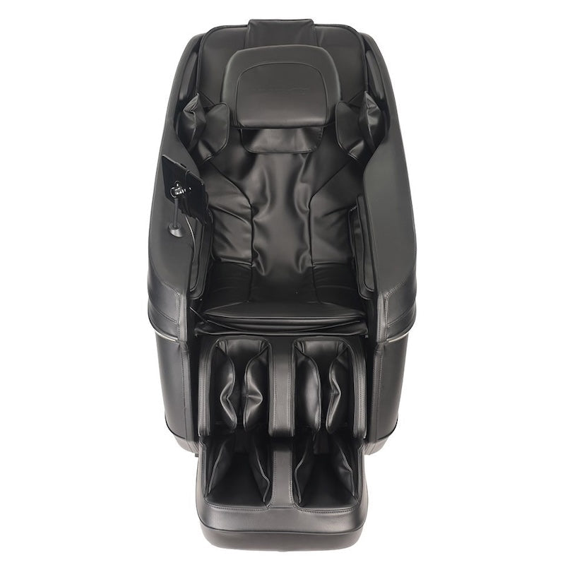 A black, modern Kyota Zenyu M338 Massage Chair by Kyota with padded armrests, leg and foot compartments, headrest, and zero gravity recline is seen from above on a white background.