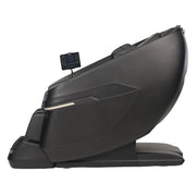 The Kyota Zenyu M338 Massage Chair by Kyota is shown fully reclined from the side on a white background, featuring a sleek black modern design with zero gravity recline and a built-in control panel for optimal relaxation.