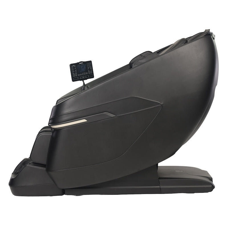 The Kyota Zenyu M338 Massage Chair by Kyota is shown fully reclined from the side on a white background, featuring a sleek black modern design with zero gravity recline and a built-in control panel for optimal relaxation.