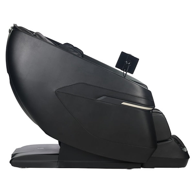 The Kyota Zenyu M338 Massage Chair by Kyota, shown from the side against a white background, features a sleek modern black design with zero gravity recline, reclined backrest, footrest, and an armrest-mounted control screen.