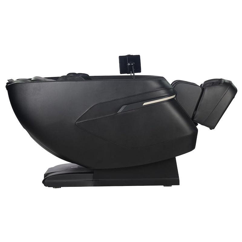 The Kyota Zenyu M338 Massage Chair by Kyota is displayed fully reclined in zero gravity mode, highlighting its footrest and a screen or tablet mounted near the headrest.