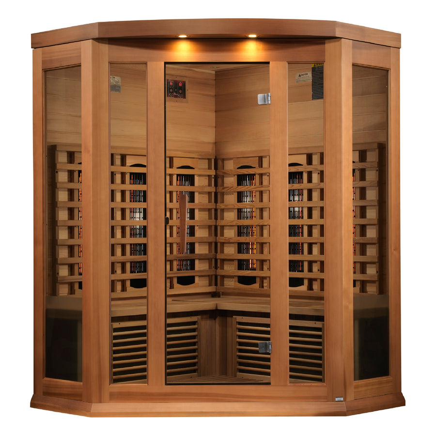 The Golden Designs Maxxus 3 Person Full Spectrum IR Sauna (MX-M356-01-FS CED) features Canadian red cedar, glass doors and panels, interior bench seating, control panel, built-in lights, and a space-saving corner design.