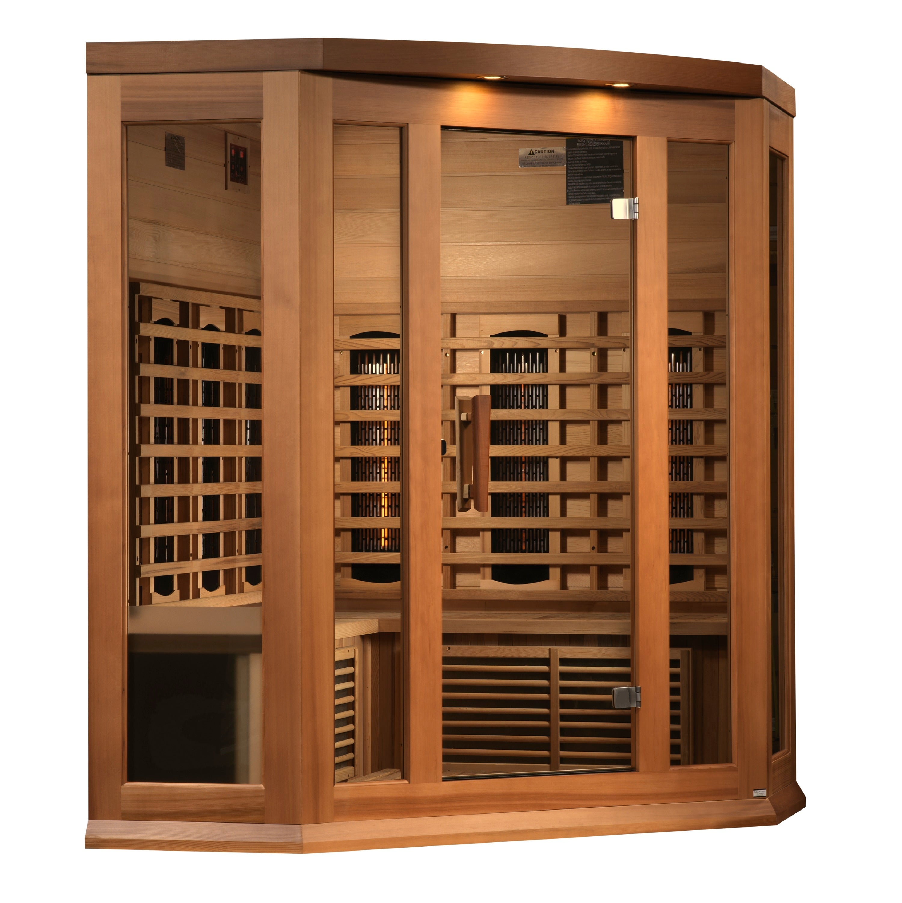 The Golden Designs Maxxus 3 Person Full Spectrum IR Sauna (MX-M356-01-FS CED) features Canadian red cedar, glass doors and panels, interior benches, and visible heaters, designed for multiple users.