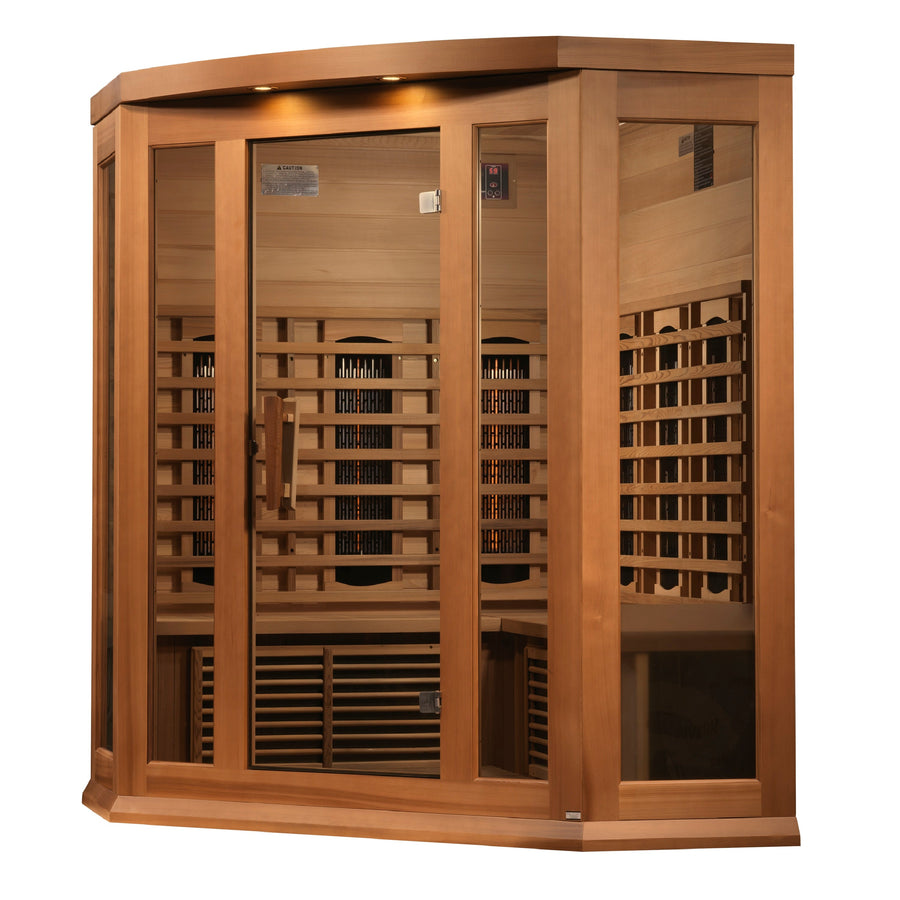 The Golden Designs Maxxus 3 Person Full Spectrum IR Sauna (MX-M356-01-FS CED) is made from Canadian red cedar, features glass doors/panels, interior seating, visible heaters, a modern look, and an upper-right built-in control panel.