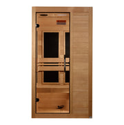 The Golden Designs Maxxus S-Line 1 Person Ultra Low EMF FAR IR Sauna + Red Light Therapy features chromotherapy lights, a glass door, interior bench, visible control panel, and sleek light wood panels for a modern look.