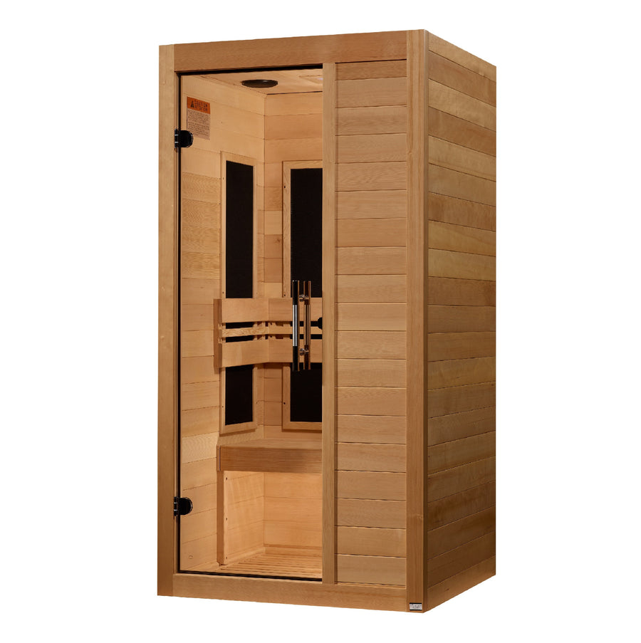 The Golden Designs Maxxus S-Line 1 Person Ultra Low EMF FAR IR Sauna + Red Light Therapy features a glass door, interior bench, black heaters, and light wood panels—perfect for a relaxing and comfortable wellness experience.