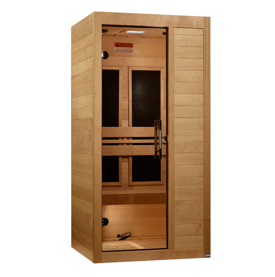 The Golden Designs Maxxus S-Line 1 Person Ultra Low EMF FAR IR Sauna + Red Light Therapy features a glass door, interior bench, visible black heating panels on the back wall, and is designed for single-person use.