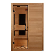The Golden Designs Maxxus S-Line 2 Person Ultra Low EMF FAR IR Sauna + Red Light Therapy features Canadian Hemlock wood, a glass door, interior benches, a black back panel, and sleek horizontal paneling for modern style.