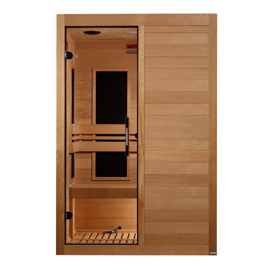 The Golden Designs Maxxus S-Line 2 Person Ultra Low EMF FAR IR Sauna + Red Light Therapy features Canadian Hemlock wood, a glass door, interior benches, a black back panel, and sleek horizontal paneling for modern style.