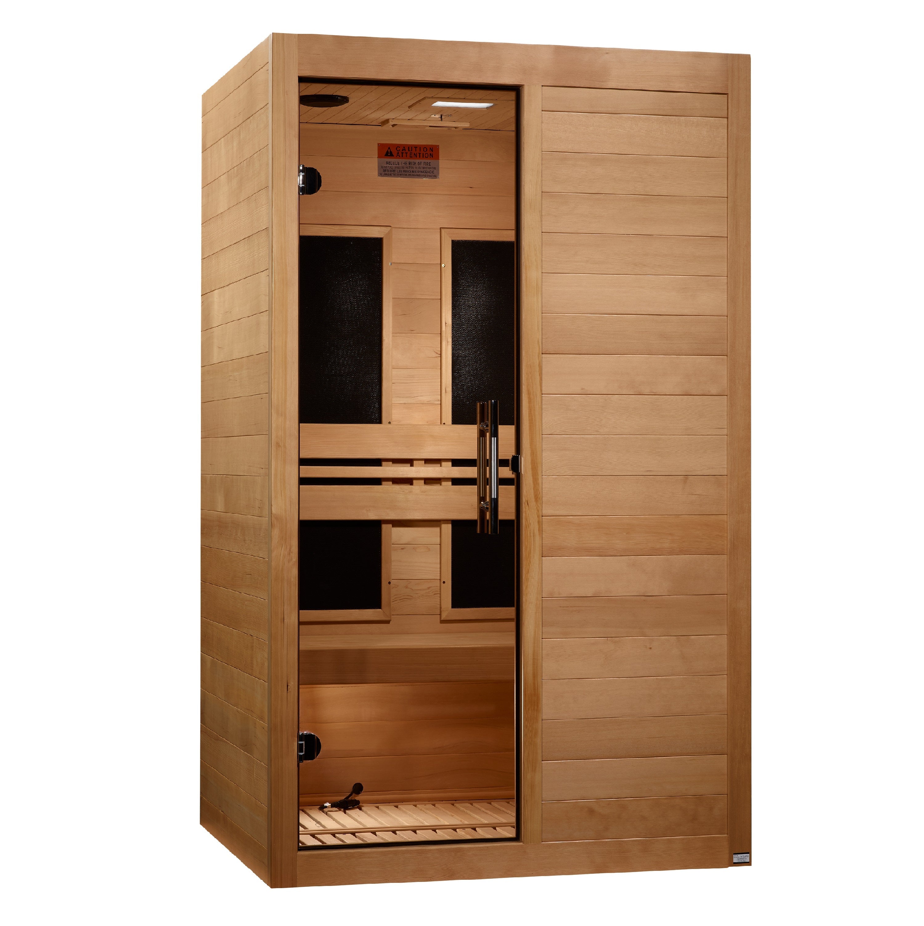 The Golden Designs Maxxus S-Line 2 Person Ultra Low EMF FAR IR Sauna + Red Light Therapy features Canadian Hemlock wood, a glass door, wooden bench, and modern finish—crafted for indoor use.