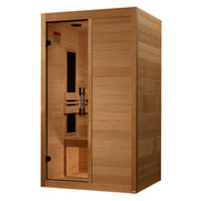 The Golden Designs Maxxus S-Line 2 Person Ultra Low EMF FAR IR Sauna + Red Light Therapy, crafted from Canadian Hemlock with a glass door, bench seating, and minimalist style, is shown against a plain white background.