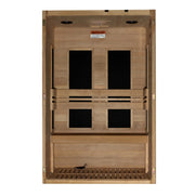 The Maxxus S-Line 2 Person Ultra Low EMF FAR IR Sauna + Red Light Therapy by Golden Designs features Canadian Hemlock, ultra low EMF black heaters on back and sides, bench seat, wooden floor slats, and recessed ceiling lights.