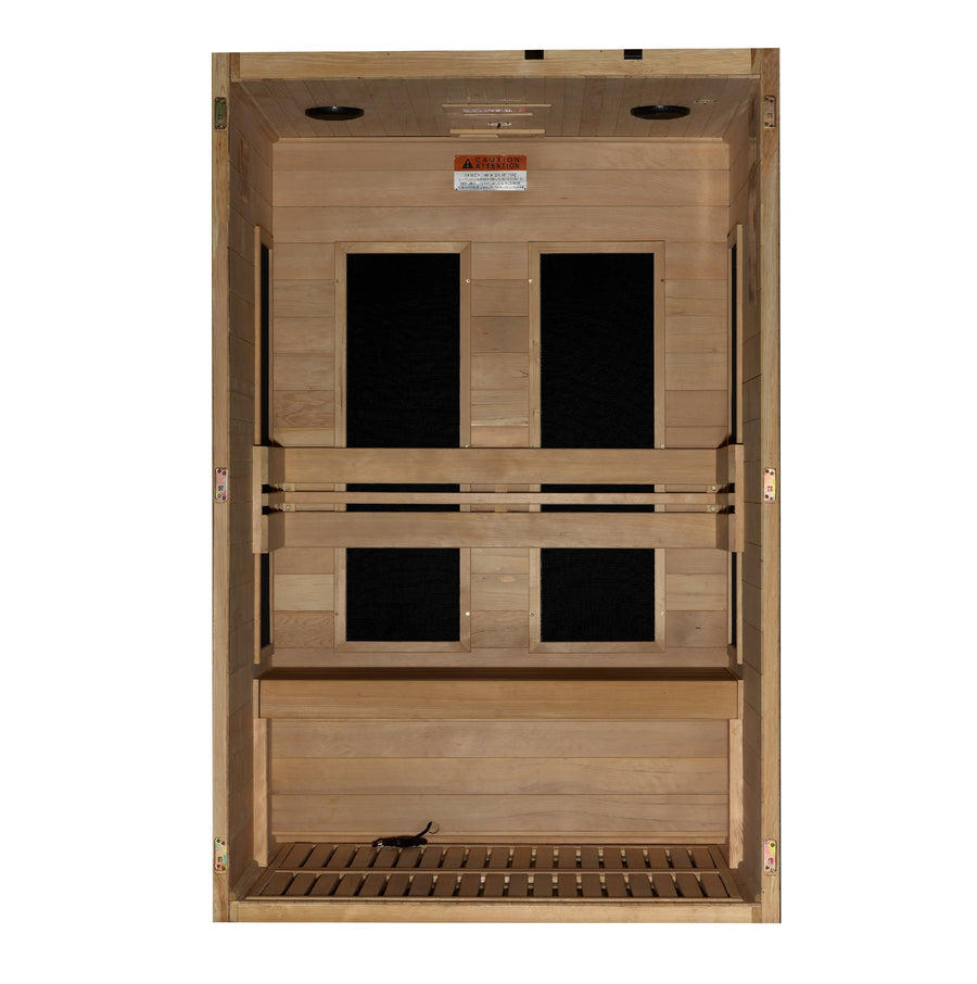 The Maxxus S-Line 2 Person Ultra Low EMF FAR IR Sauna + Red Light Therapy by Golden Designs features Canadian Hemlock, ultra low EMF black heaters on back and sides, bench seat, wooden floor slats, and recessed ceiling lights.