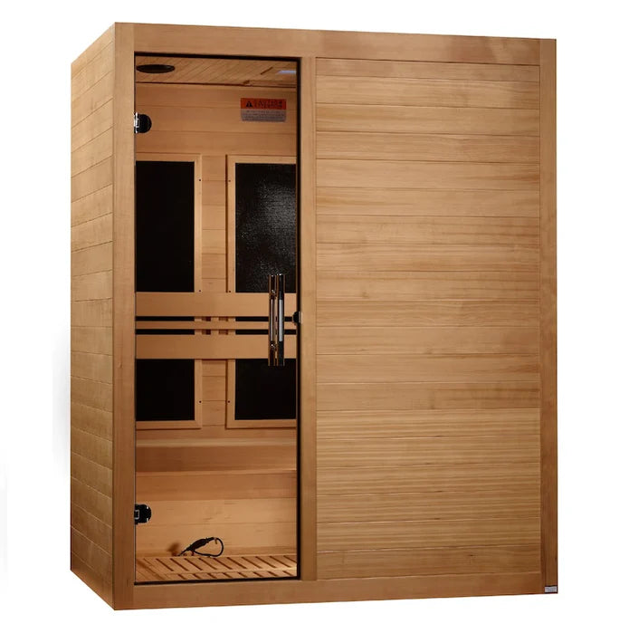 The Golden Designs Maxxus S-Line 3-Person Low EMF FAR Indoor Infrared Sauna + Red Light Therapy features smooth Canadian Hemlock, a glass door, bench seating, and dark heater panels—blending style and relaxation.