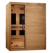 The Golden Designs Maxxus S-Line 3-Person Low EMF FAR Indoor Infrared Sauna + Red Light Therapy features smooth Canadian Hemlock, a glass door, bench seating, and dark heater panels—blending style and relaxation.