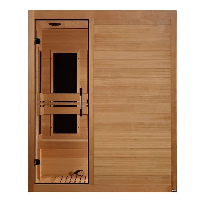 Front view of the Golden Designs Maxxus S-Line 3-Person Low EMF FAR Indoor Infrared Sauna + Red Light Therapy, featuring smooth Canadian Hemlock, glass door, wooden bench and backrest, with light-toned wood inside and out for a sleek look.