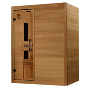 The Golden Designs Maxxus S-Line 3-Person Low EMF FAR Indoor Infrared Sauna + Red Light Therapy features a glass door, visible bench seating, and smooth, light Canadian Hemlock wood paneling.