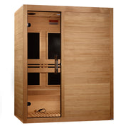 The Maxxus S-Line 3 Person Ultra Low EMF FAR IR Sauna + Red Light Therapy by Golden Designs features a glass door with two metal handles, interior benches, heating panels, and Canadian Hemlock wood paneling.